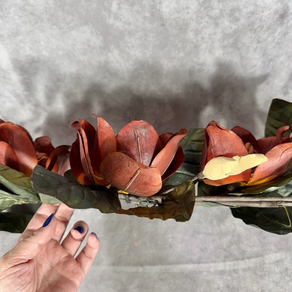 Vtg Faux Magnolia Garland Artificial Autumn Flower Swag Rustic Fall Decor 30